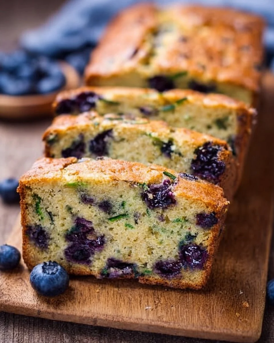 Loaf of blueberry zucchini bread topped with fresh blueberries