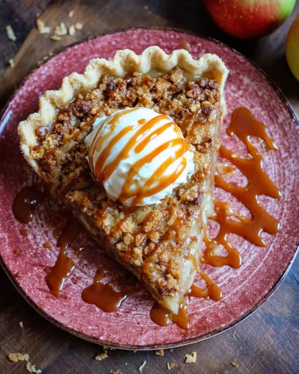 Slice of Caramel Apple Crumble Pie topped with caramel drizzle and crumble