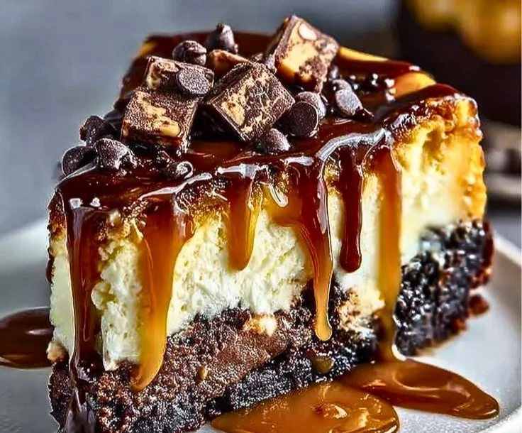 Delicious Caramel Brownie Cheesecake topped with caramel sauce and chocolate ganache
