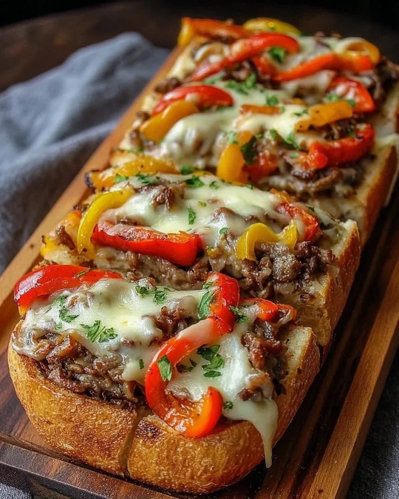 Delicious cheesesteak bread topped with sautéed peppers for dinner.