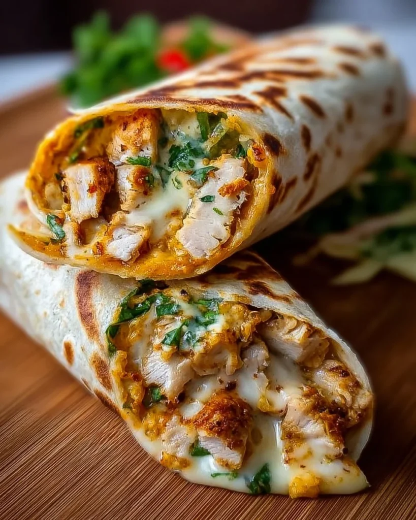 Cheesy garlic chicken wraps with fresh ingredients and melted cheese