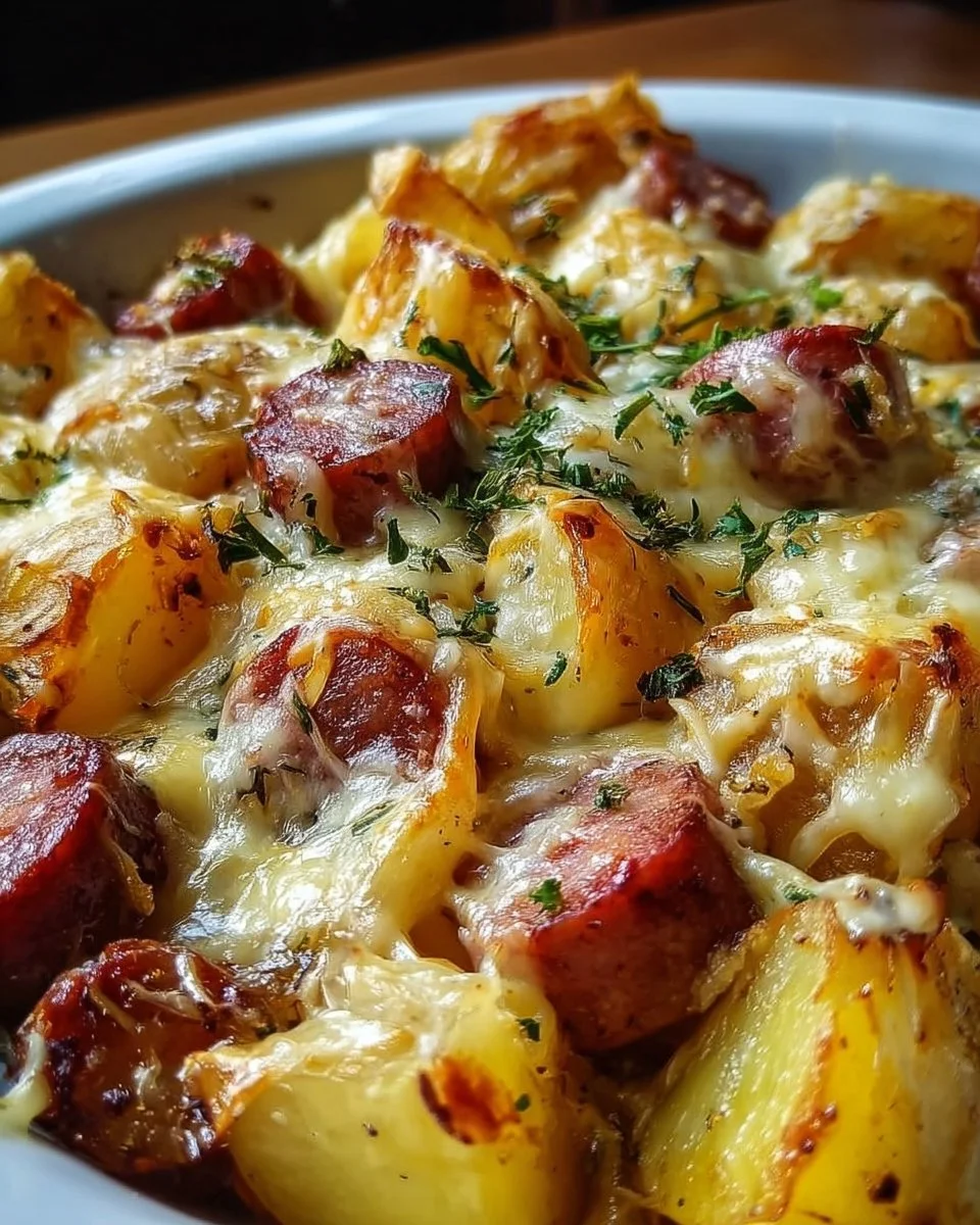 Cheesy Sausage Potatoes baked with cheese and sausage, a comforting dish