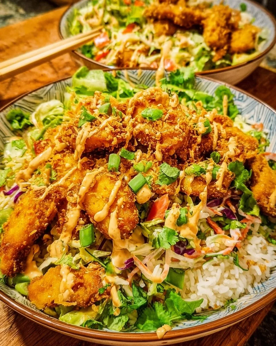 Delicious Chicken Satay Crispy Rice Salad Bowls topped with fresh ingredients