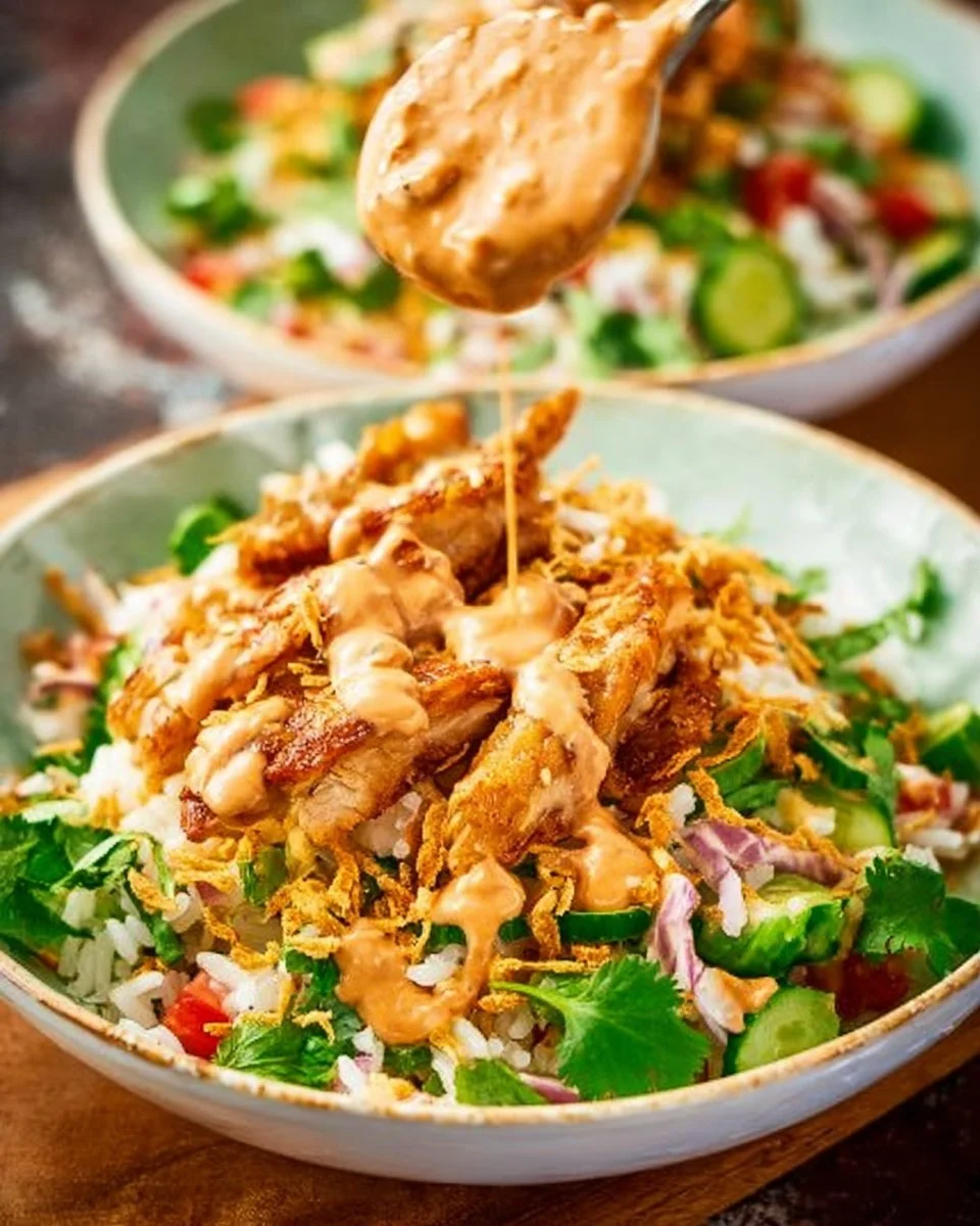 Chicken Satay Crispy Rice Salad Bowl with Peanut Sauce and fresh vegetables