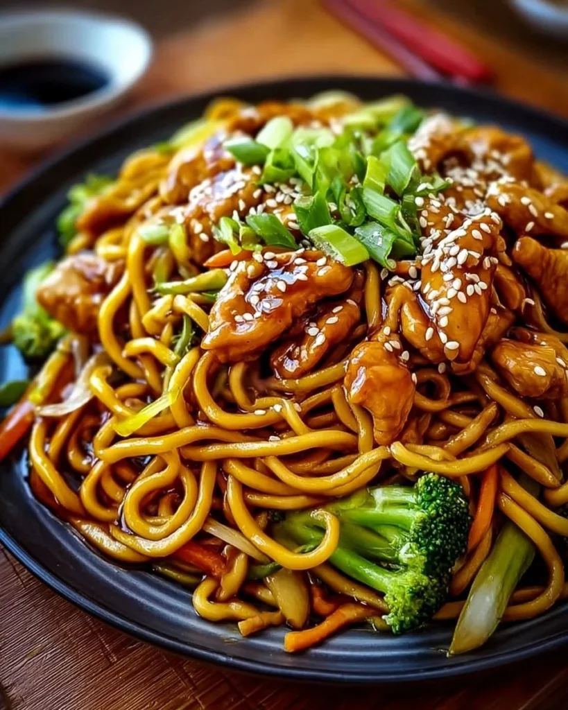 Delicious Chicken Teriyaki Noodles served in a bowl with vegetables