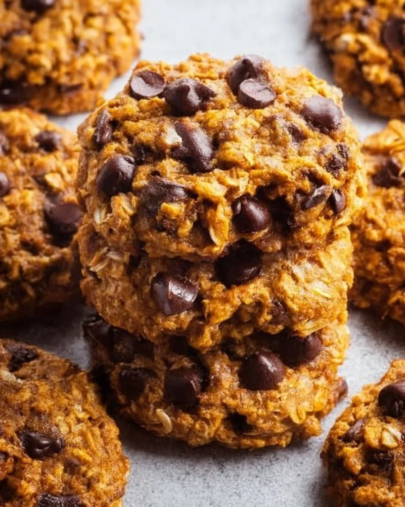 Chocolate Chip Pumpkin Oatmeal Cookies served on a plate with chocolate chips and pumpkin spice.