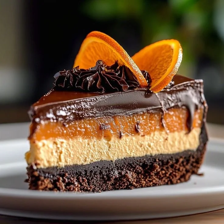 Delicious slice of Chocolate Orange Cheesecake topped with chocolate shavings