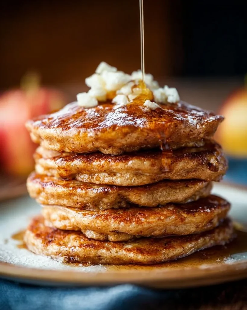 Delicious Cinnamon Apple Pie Pancakes topped with fresh apples and cinnamon
