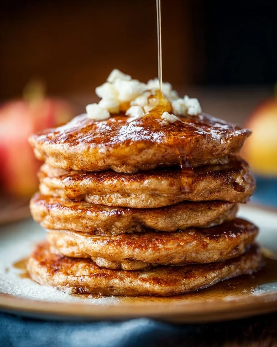 Delicious Cinnamon Apple Pie Pancakes topped with fresh apples and cinnamon