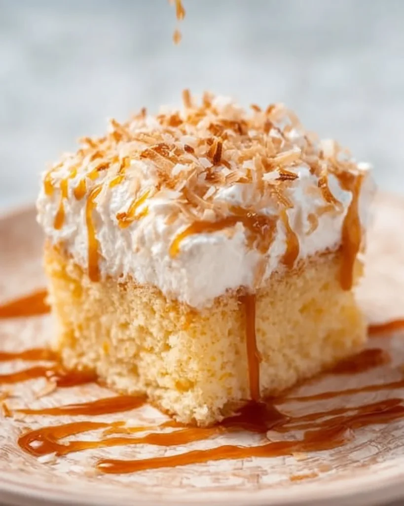A slice of Coconut Caramel Poke Cake topped with toasted coconut and caramel drizzle.
