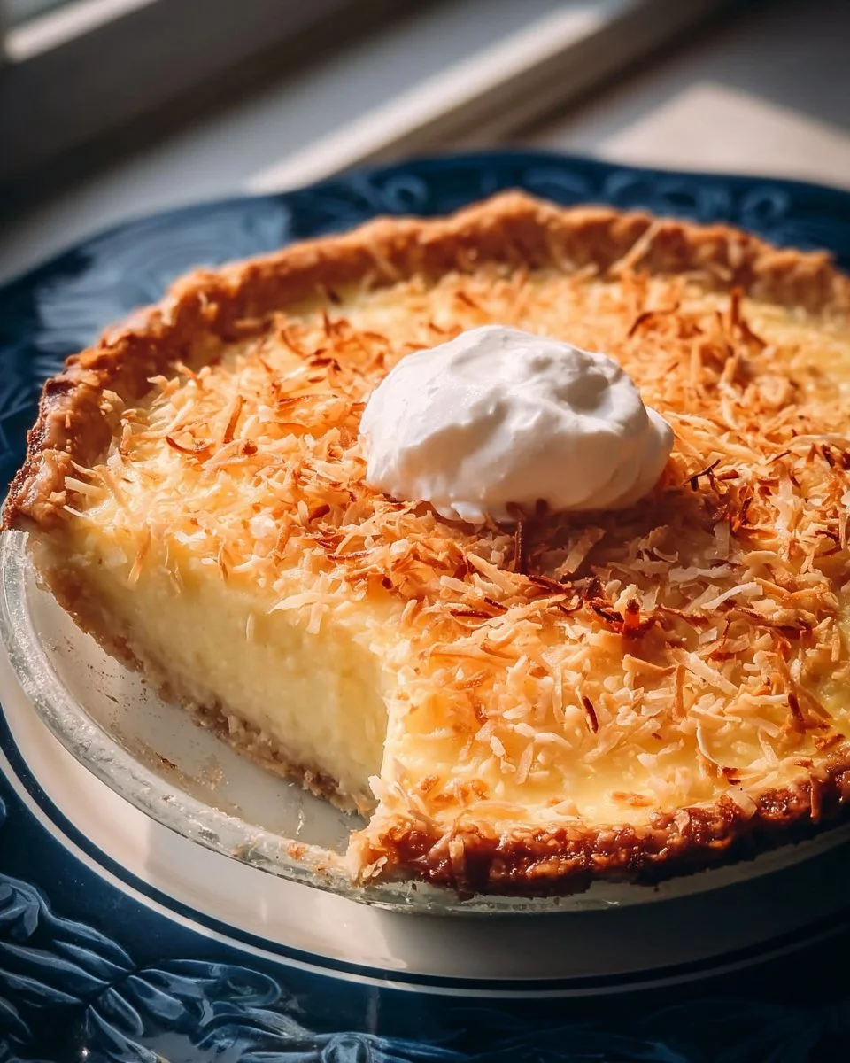 Slice of delicious Coconut Custard Pie topped with whipped cream