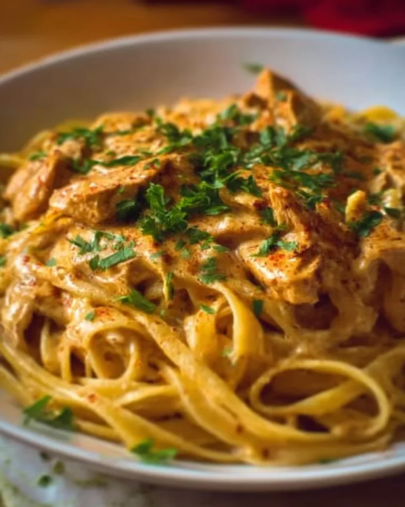 Creamy Cowboy Butter Chicken Linguine served in a bowl with fresh herbs.