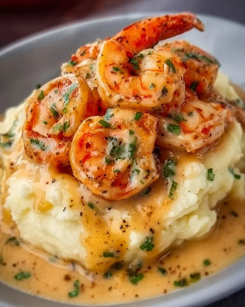 Creamy garlic shrimp dish served over mashed potatoes, garnished with herbs.