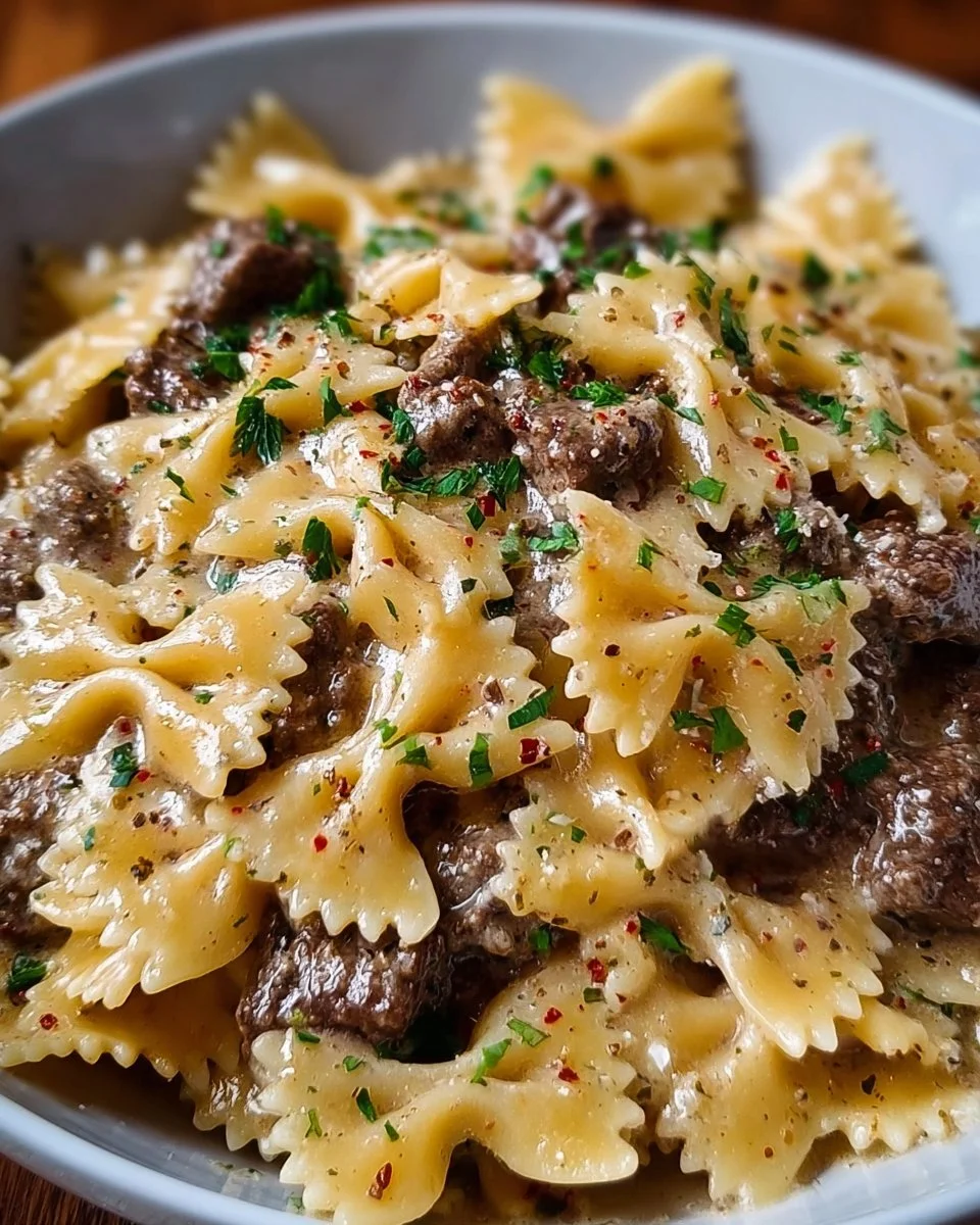 Creamy Parmesan garlic beef bowtie pasta dish garnished with herbs