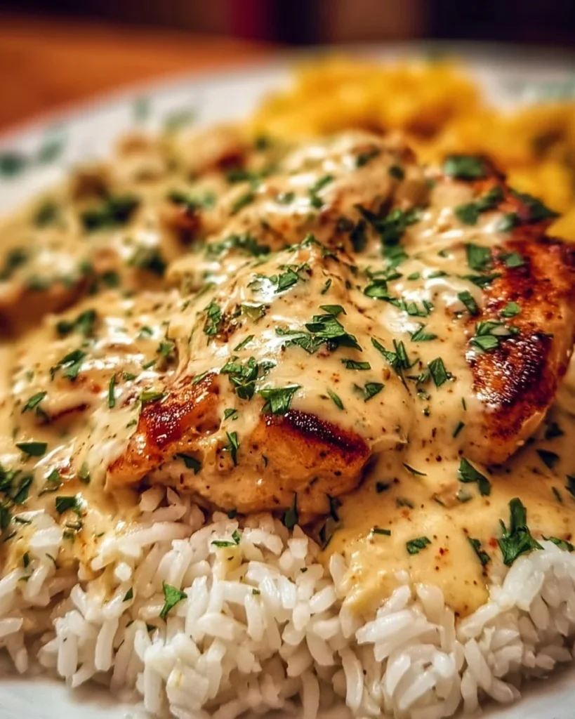Creamy smothered chicken served with rice on a plate.