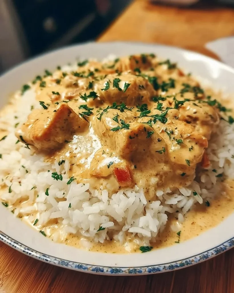 Creamy smothered chicken served over rice with savory sauce.