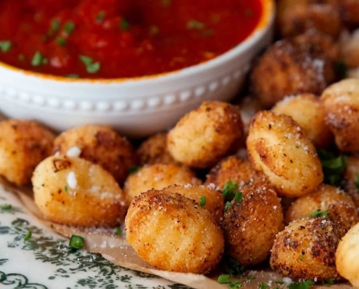 Crispy air fryer gnocchi served in a bowl with herbs and spices.