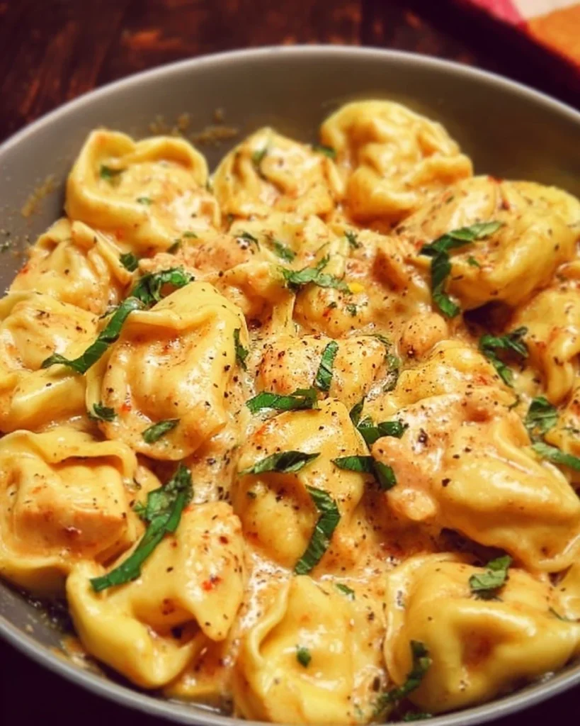 Delicious CrockPot Chicken Tortellini in a creamy sauce served in a bowl
