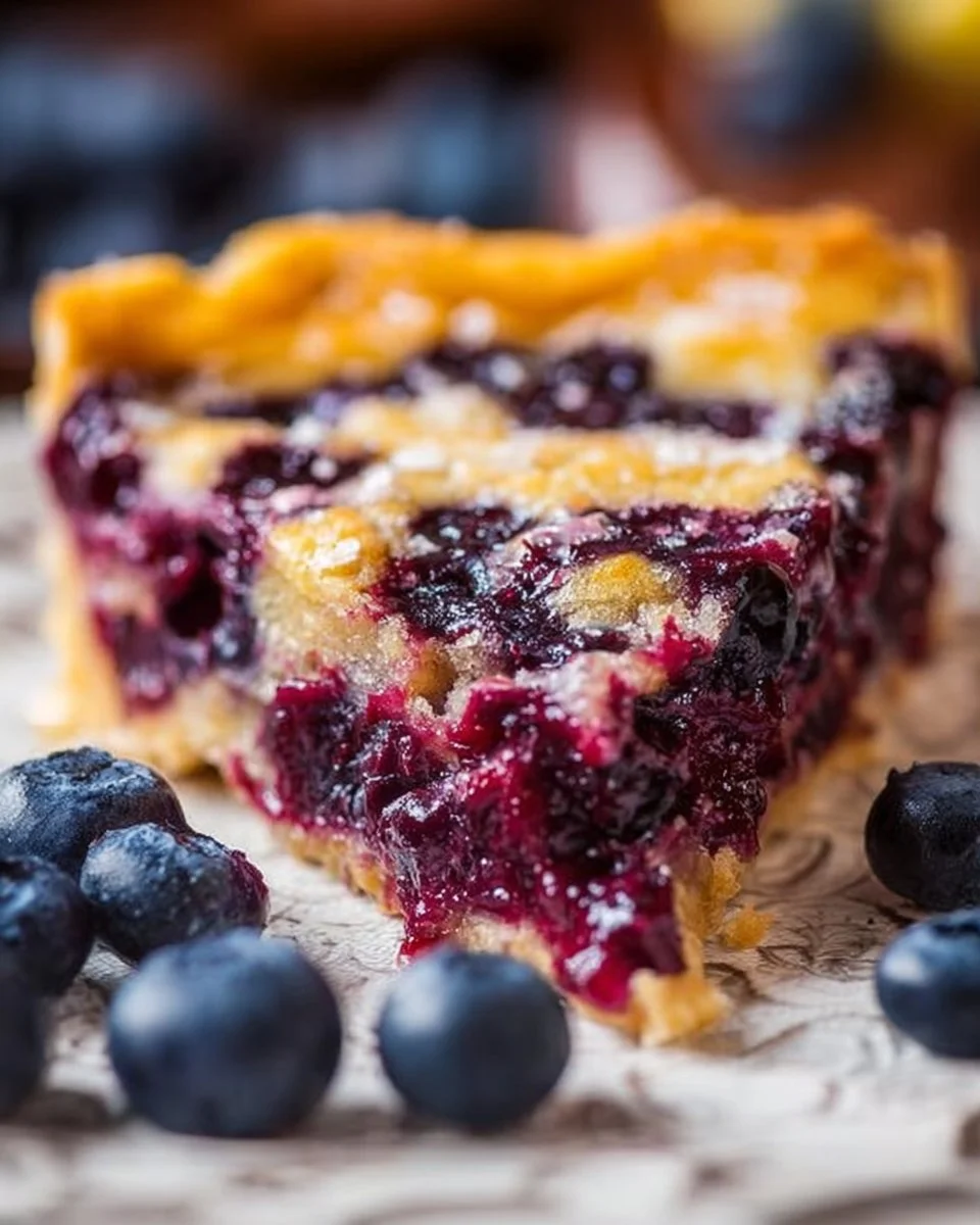 Delicious crustless blueberry pie topped with fresh blueberries.
