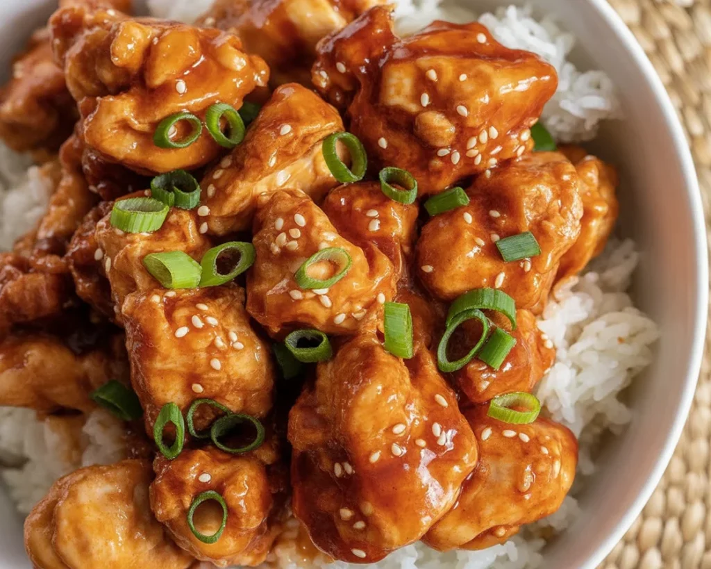 Crispy Sweet Chili Chicken served in a bowl with rice and vegetables
