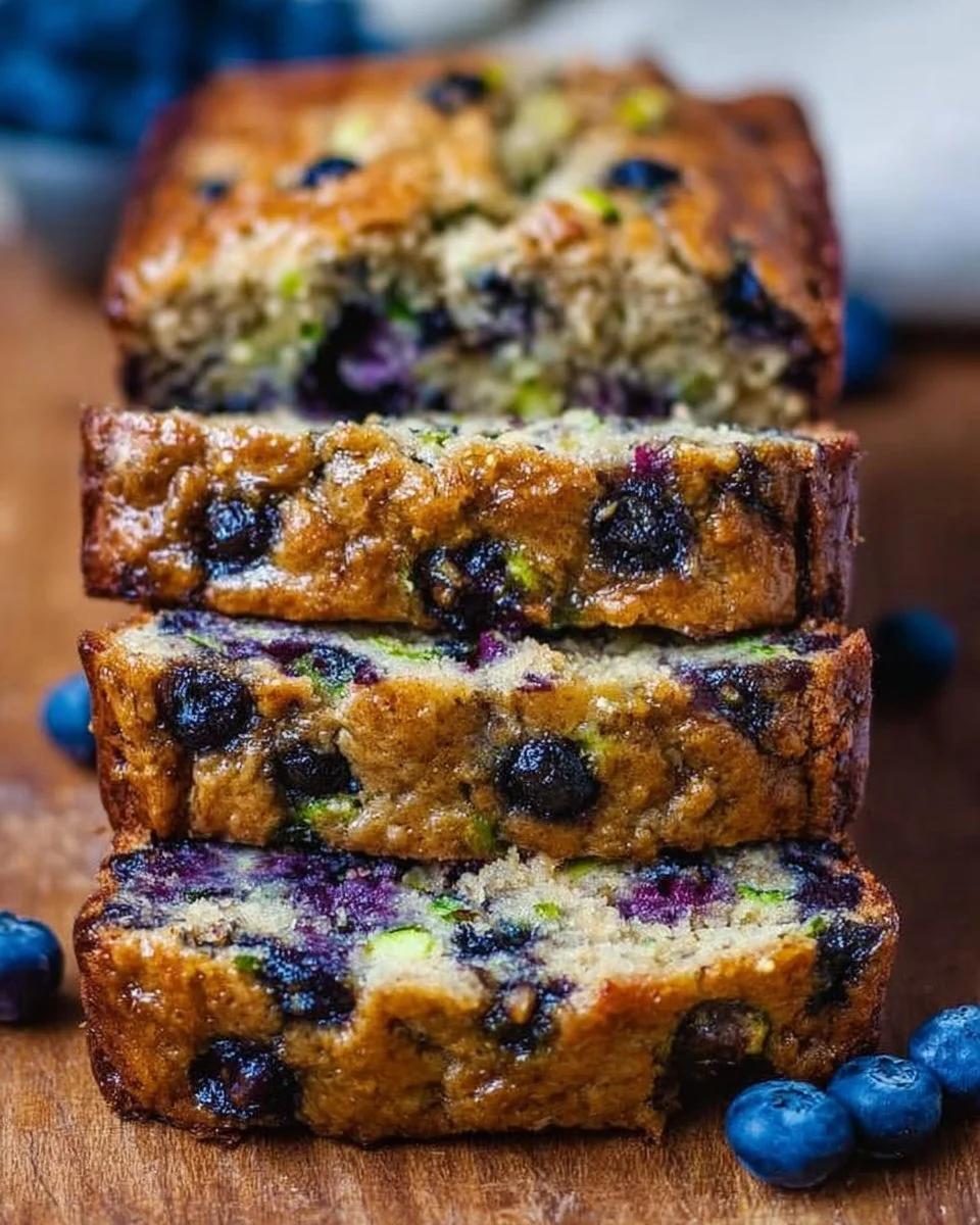 Sliced banana zucchini bread with blueberries on a wooden board