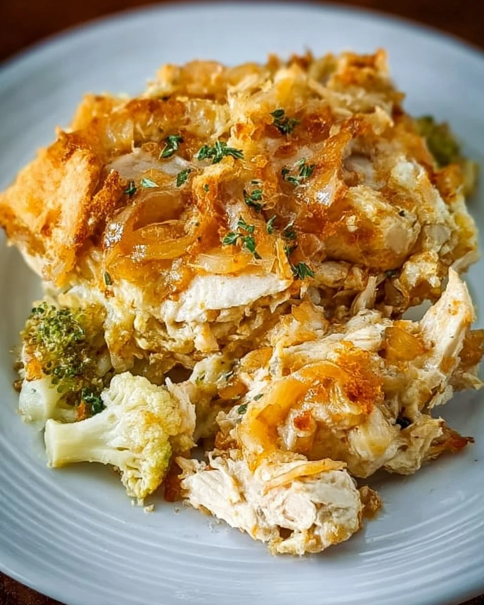 French onion chicken casserole dish topped with cheese and caramelized onions