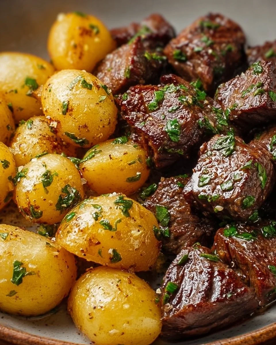Sizzling Garlic Butter Steak Bites served with golden crispy potatoes