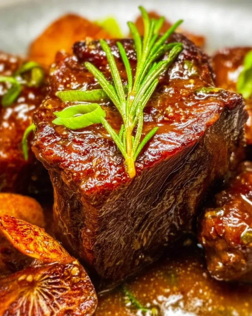 Delicious garlic ginger braised short ribs served on a plate.