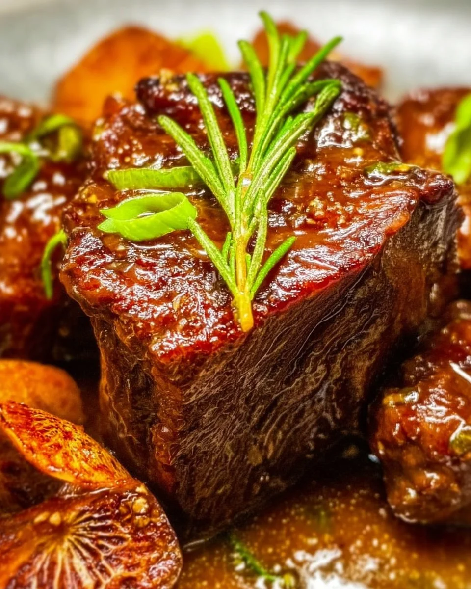 Delicious garlic ginger braised short ribs served on a plate.
