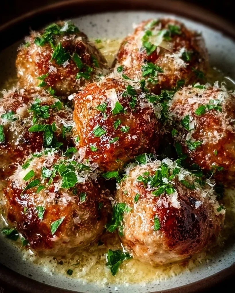 Plate of Garlic Parmesan Meatballs drizzled with garlic sauce and garnished with herbs