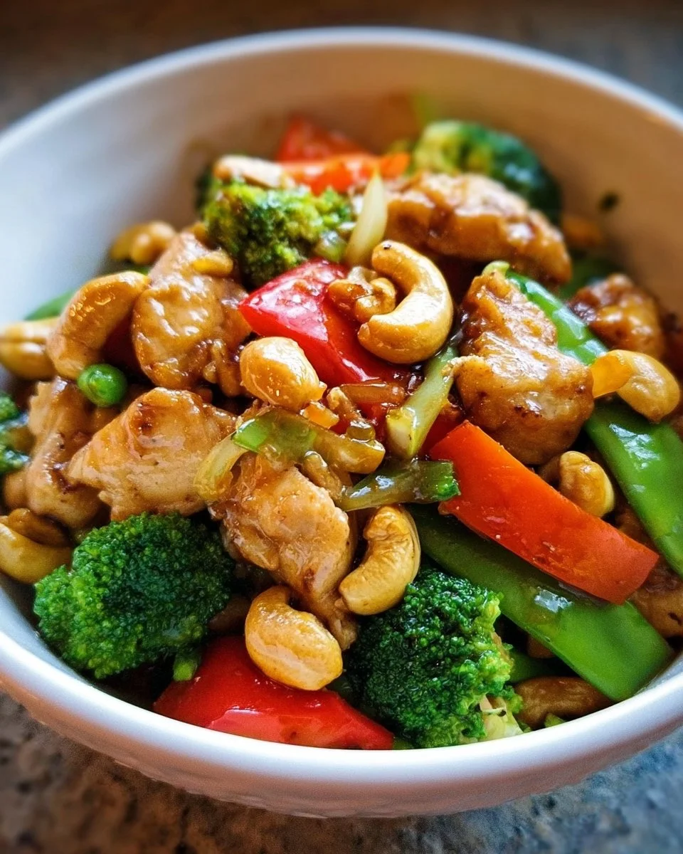 Plate of Garlic Soy Chicken with colorful vegetables and cashews
