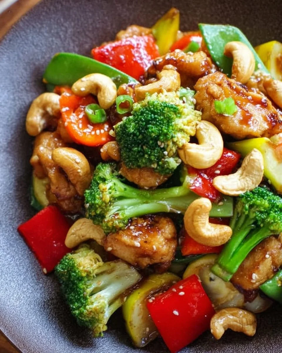 Garlic Soy Chicken with colorful vegetables and crunchy cashews