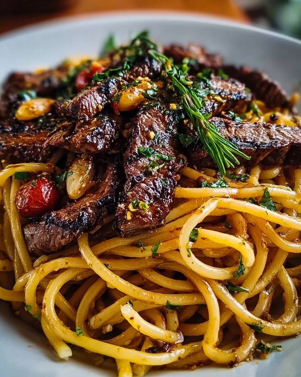Delicious Garlic Steak Pasta served in a bowl with fresh herbs.