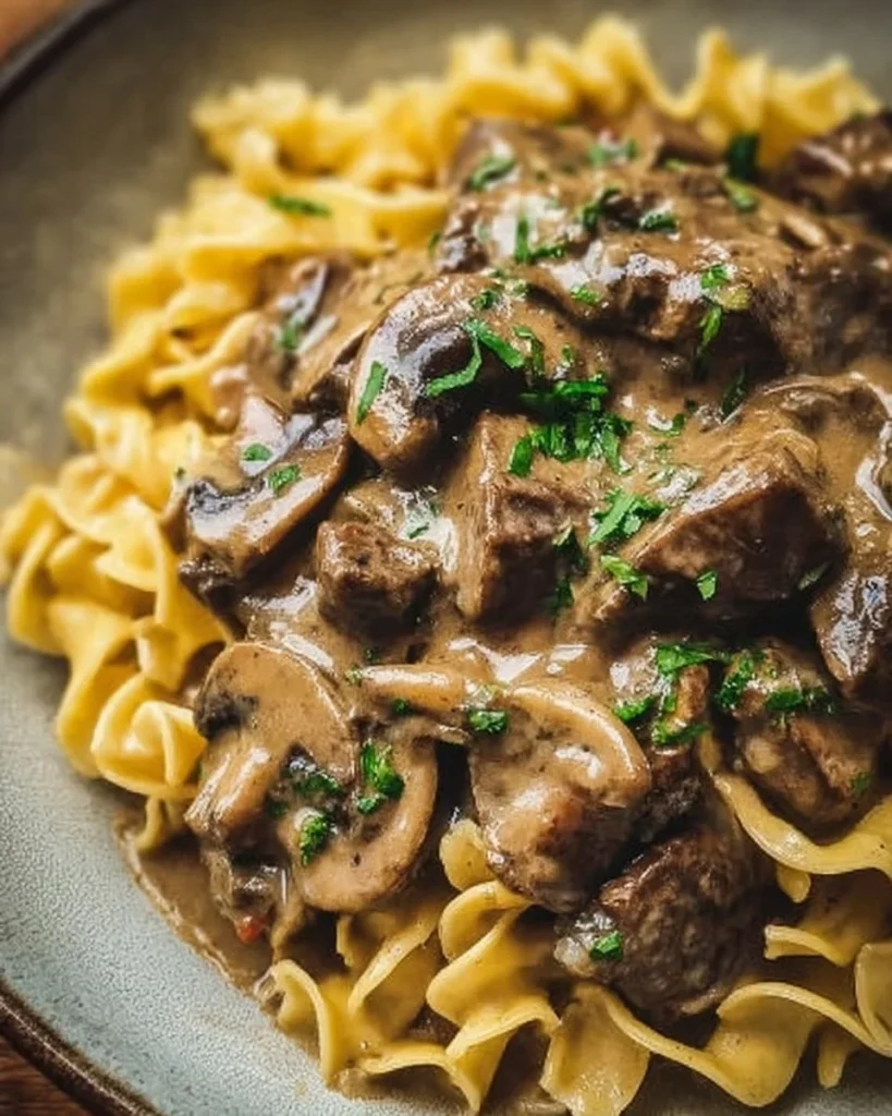 Delicious Beef Stroganoff with creamy sauce, made using Gordon Ramsay's recipe.