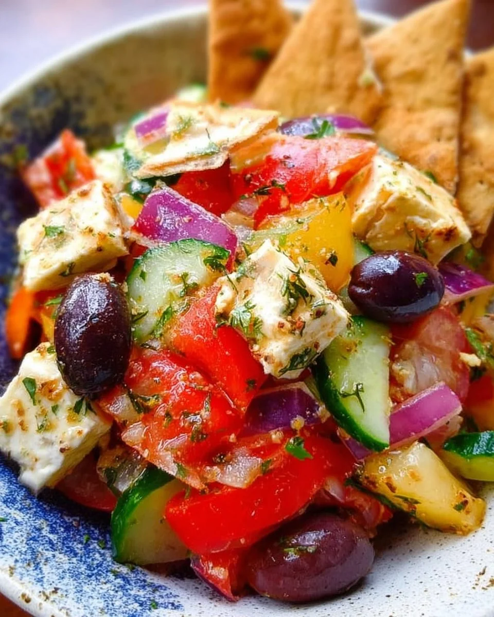 Fresh Greek Salad served with crispy Pita Chips on a vibrant plate