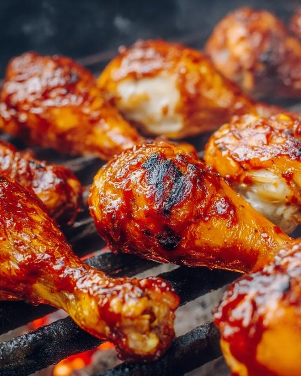 Grilled BBQ chicken drumsticks on a plate garnished with herbs