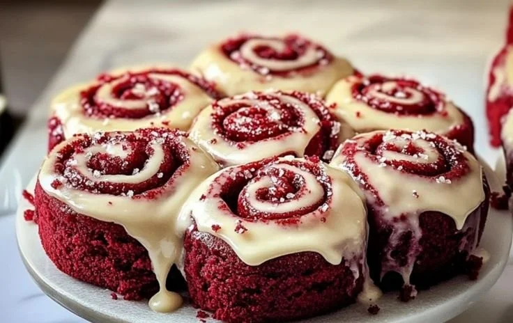 Freshly baked red velvet cinnamon rolls topped with creamy frosting