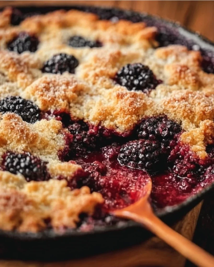 Homemade blackberry cobbler served in a pan, showing juicy blackberries and a golden crust.
