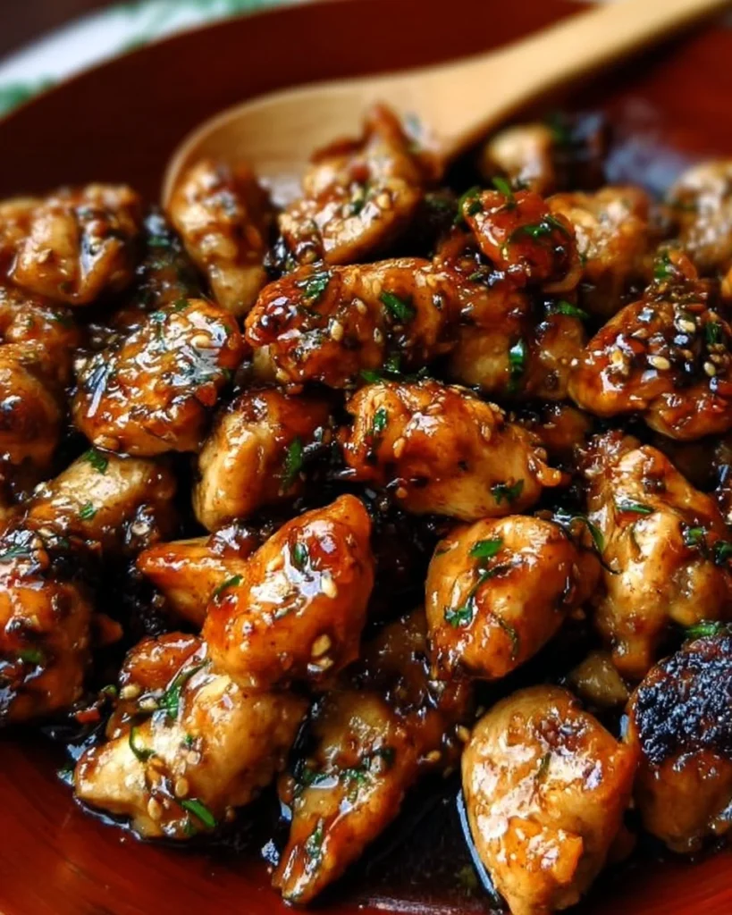 Delicious Honey Garlic Chicken Bites served on a plate.