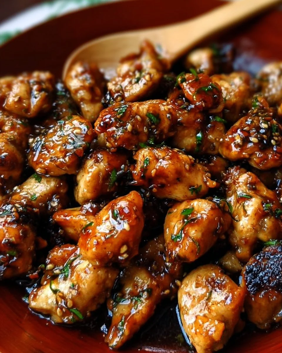 Delicious Honey Garlic Chicken Bites served on a plate.