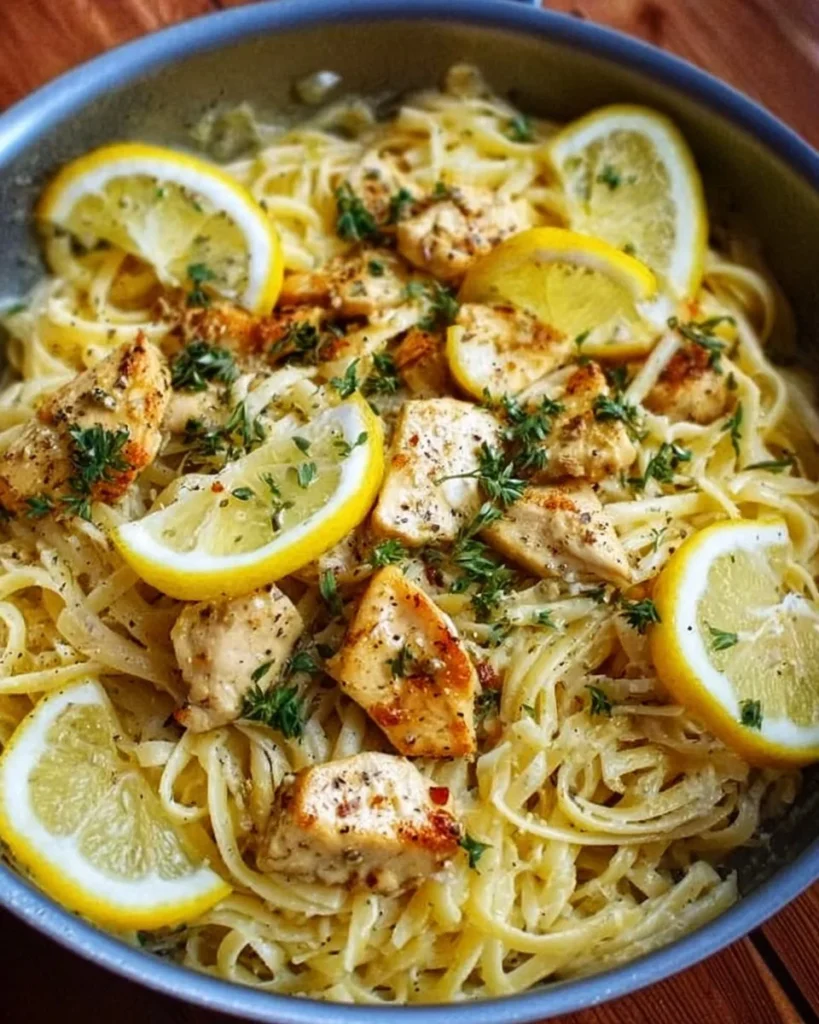 A plate of Honey Lemon Chicken Pasta garnished with fresh herbs.