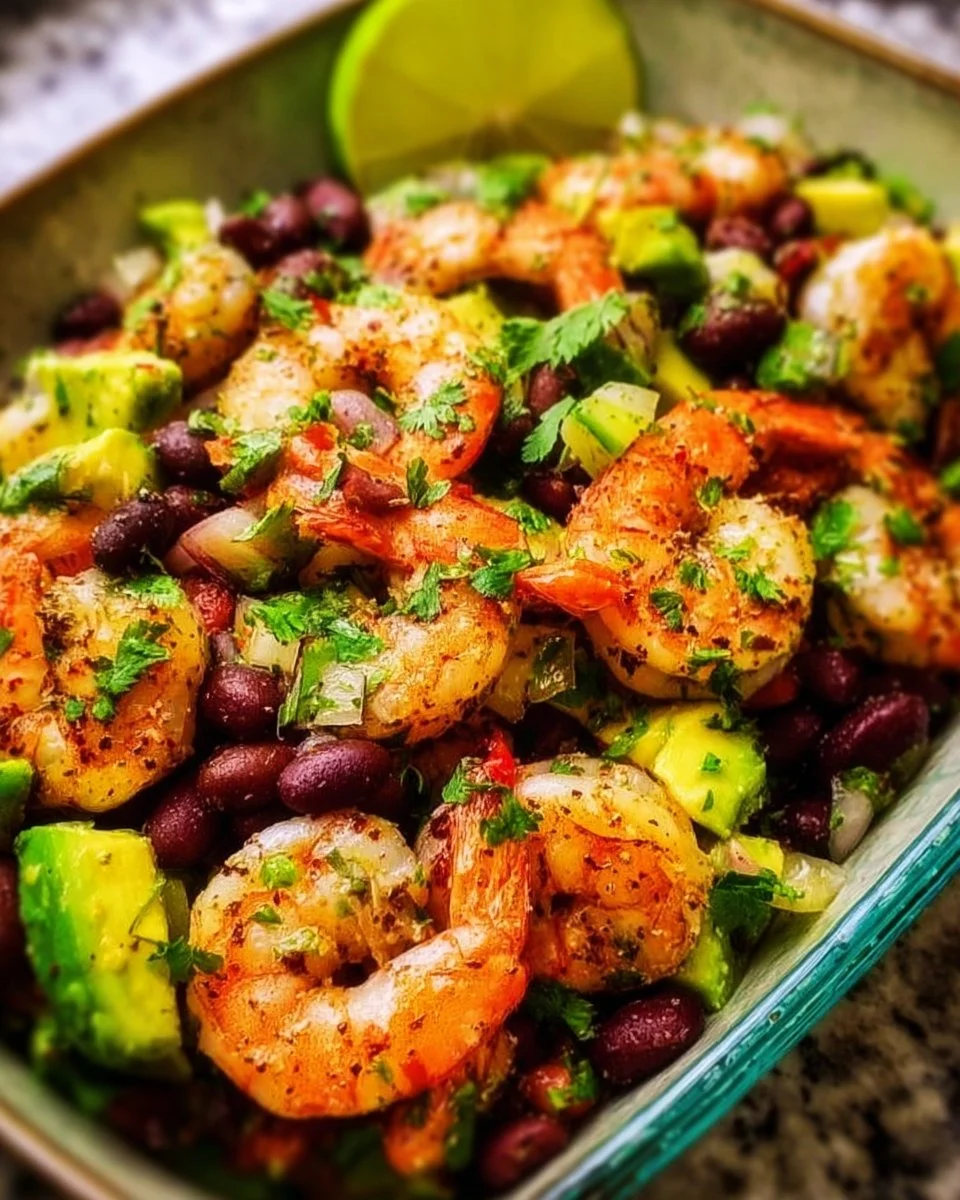 Lime cilantro shrimp and black bean salad served in a bowl