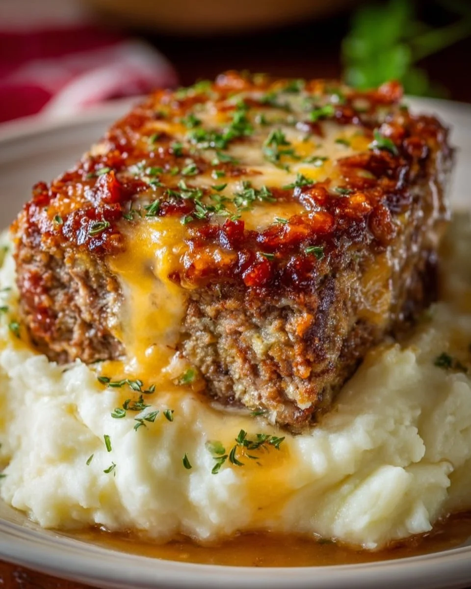 Meatloaf served with mashed potatoes and cheese on a plate