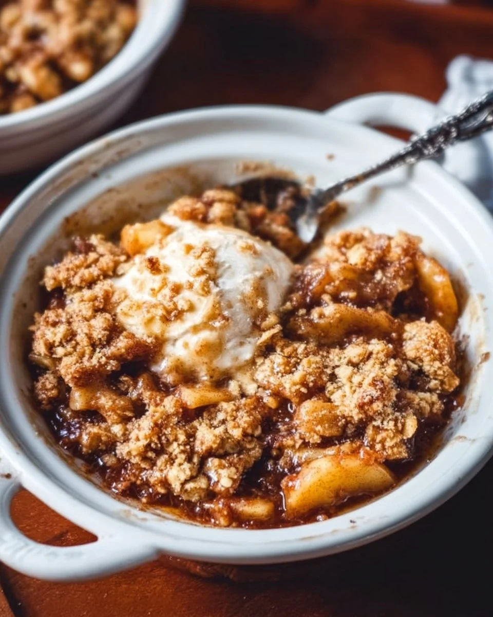 Delicious microwave apple crisp dessert with warm apples and crumbly topping