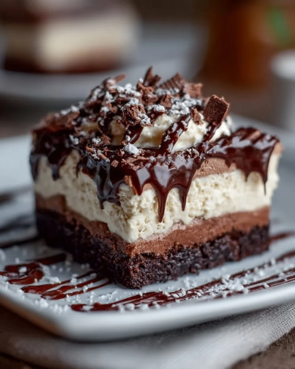 No-bake layered brownie dessert with chocolate and cream layers