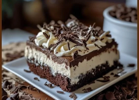 Delicious no-bake layered brownie dessert photograph