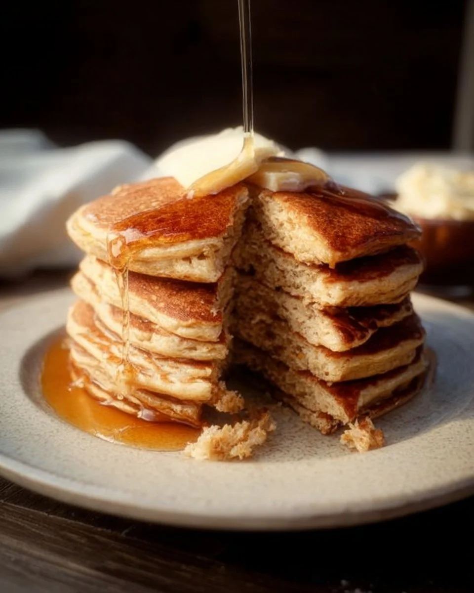 Fluffy oat flour pancakes served with fresh berries and syrup