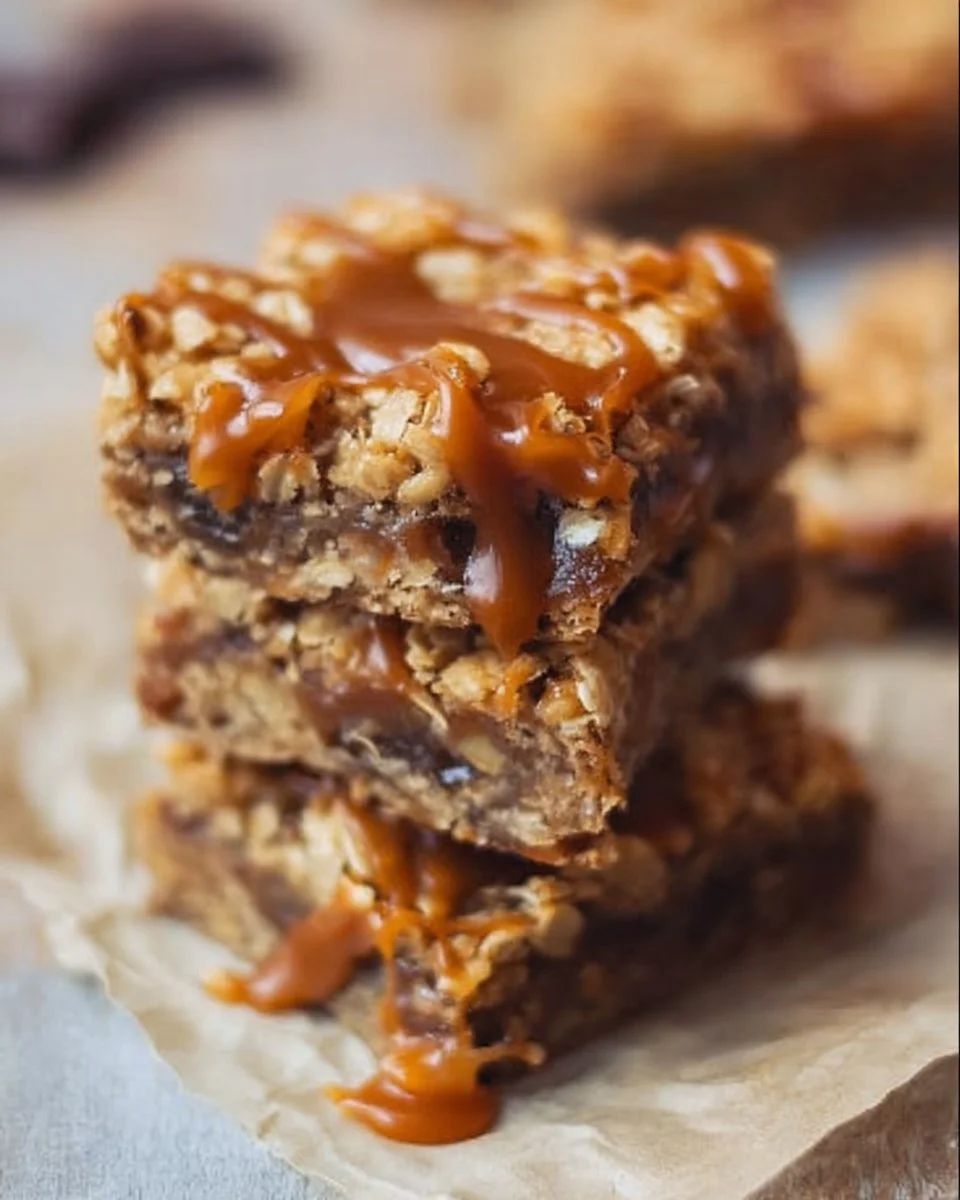 Homemade oatmeal caramel bars with a gooey caramel layer