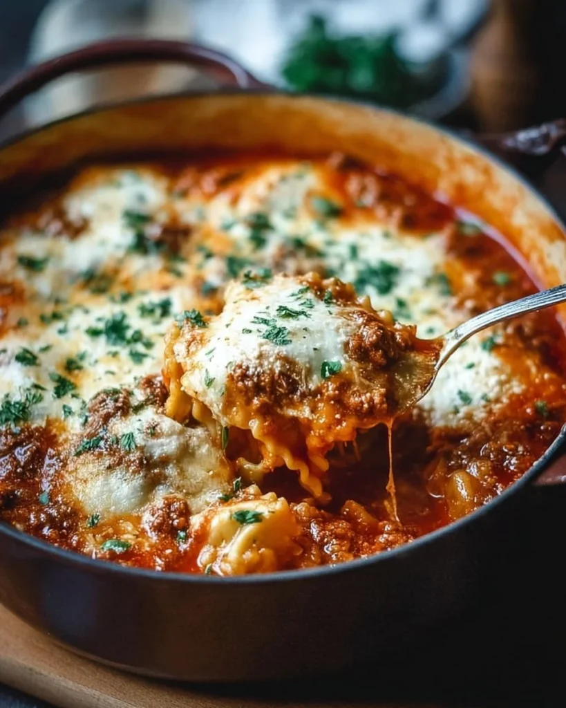 A bowl of One Pot Lasagna Soup garnished with herbs and cheese, delicious and comforting.