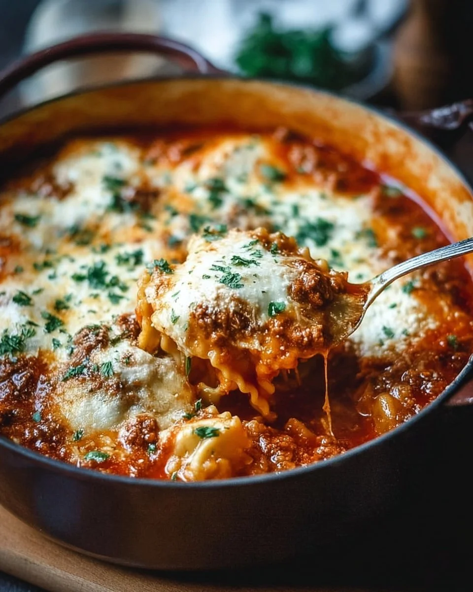 A bowl of One Pot Lasagna Soup garnished with herbs and cheese, delicious and comforting.